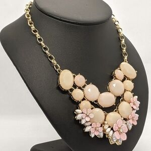 Vintage Designer Statement Bib Necklace - Gold Tone Pink Floral Peach Stone